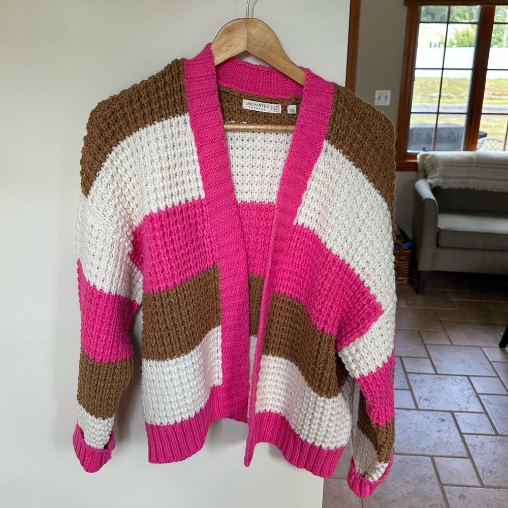 Cozy Striped Cardigan in Pink, Brown, and White